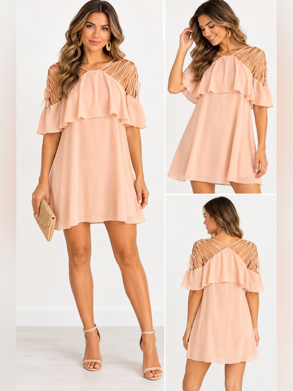 Women's Peach Cold-Shoulder Ruffle Top